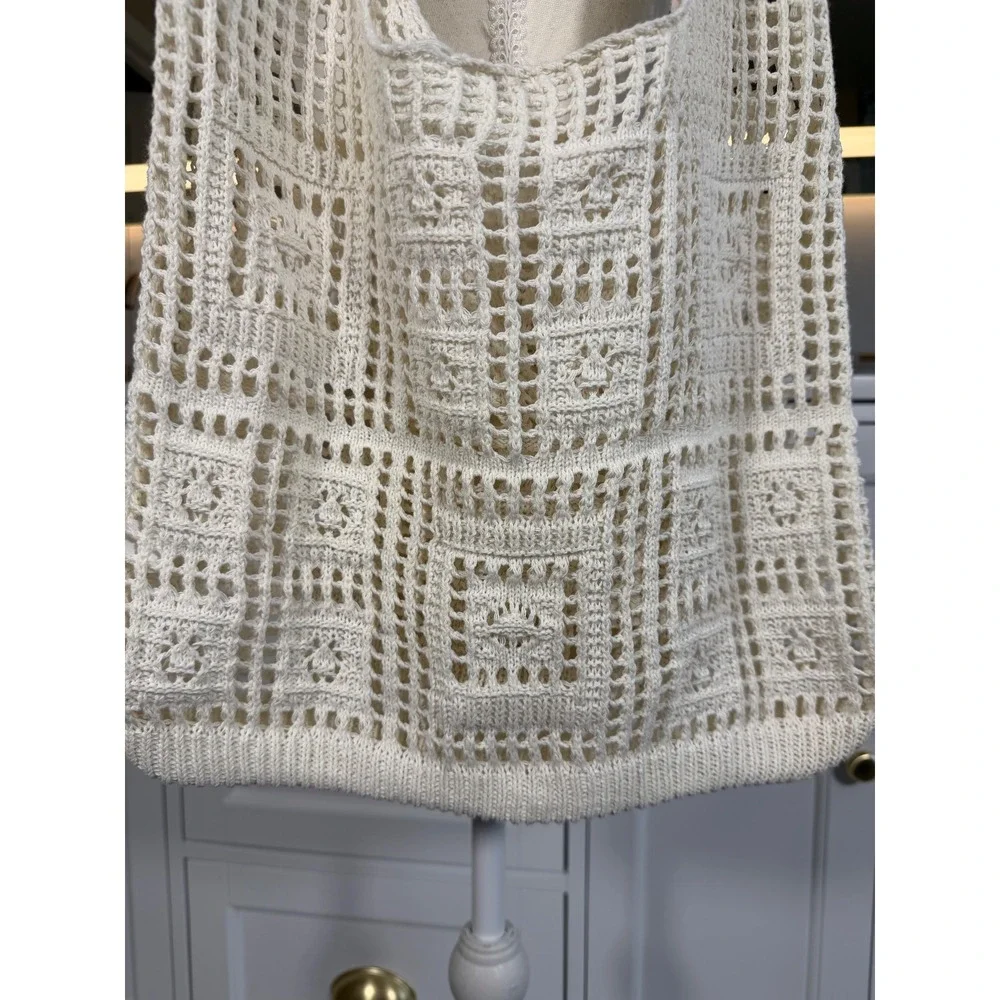 Crochet Mesh Tote Bag Women OS Ivory Open Knit Boho Shoulder Market Beach Bag